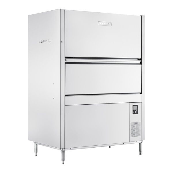 A commercial high-temperature split-door pot, pan, and utensil washer with a stainless steel exterior and digital control panel.