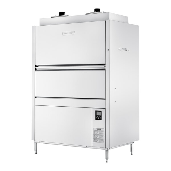 A commercial stainless steel high-temperature split-door pot, pan, and utensil washer with digital controls and a large capacity.