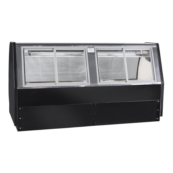 A black Howard McCray refrigerated meat case with curved glass windows.