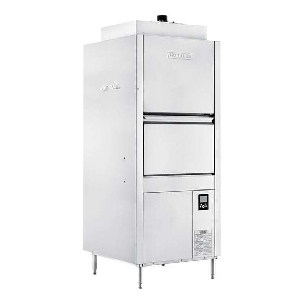 A commercial stainless steel split-door pot, pan, and utensil washer with a high-temperature, ventless design and digital control panel.