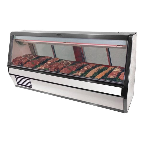 A Howard McCray Black Endless Single-Duty Refrigerated Meat Case display with meat in it.