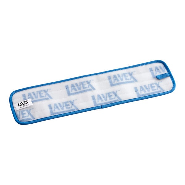 A white and blue Lavex microfiber mop pad with blue text.