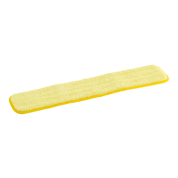 A yellow microfiber mop pad with a yellow border and hook and loop strips.