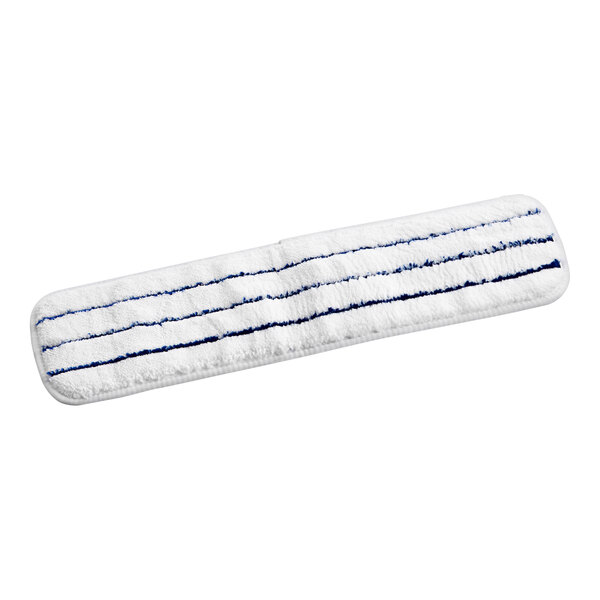 A white and blue microfiber wet mop pad with blue stripes.