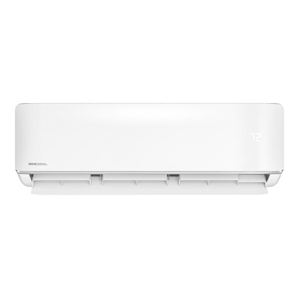 A white MRCOOL air handler for a ductless mini-split system with a white cover.