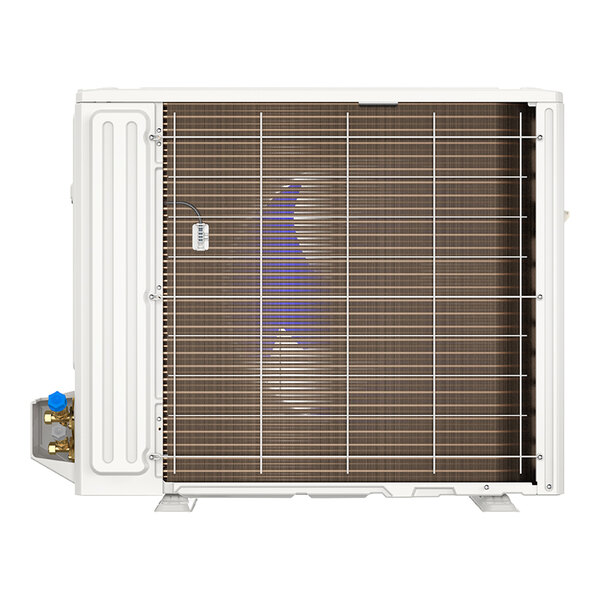 A white MRCOOL ductless mini-split condenser with a grid.