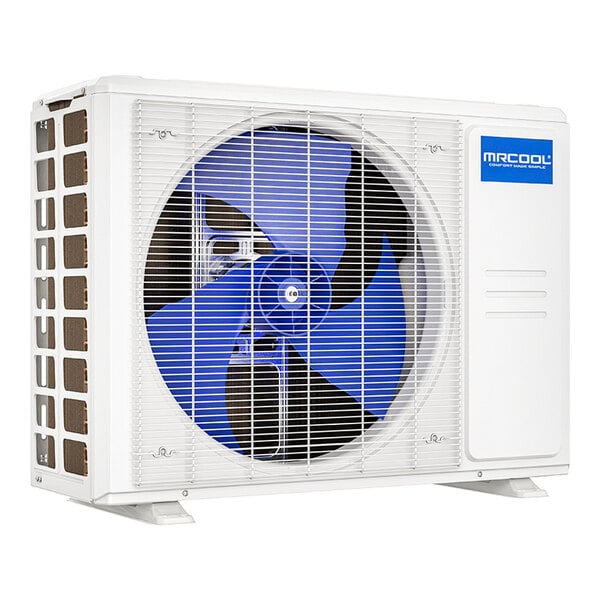 A white MRCOOL ductless mini-split condenser with blue accents and a blue fan.