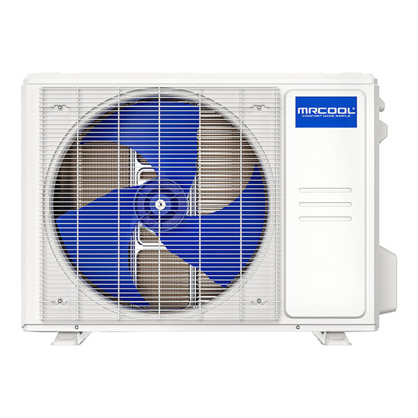 The MRCOOL DIY 5th Gen Mini Split condenser with a blue and white fan.