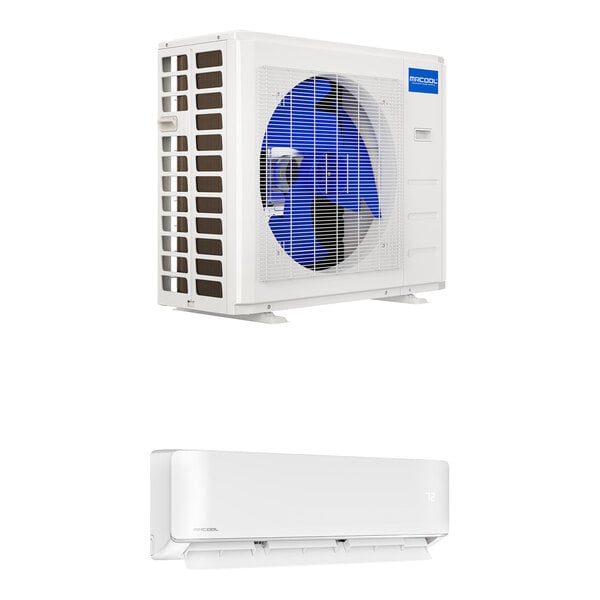 A white MRCOOL DIY 5th Gen ductless mini-split with blue and white components.