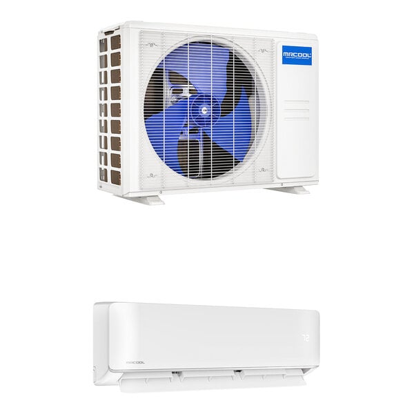 A white MRCOOL ductless mini split with blue and white fan blades.