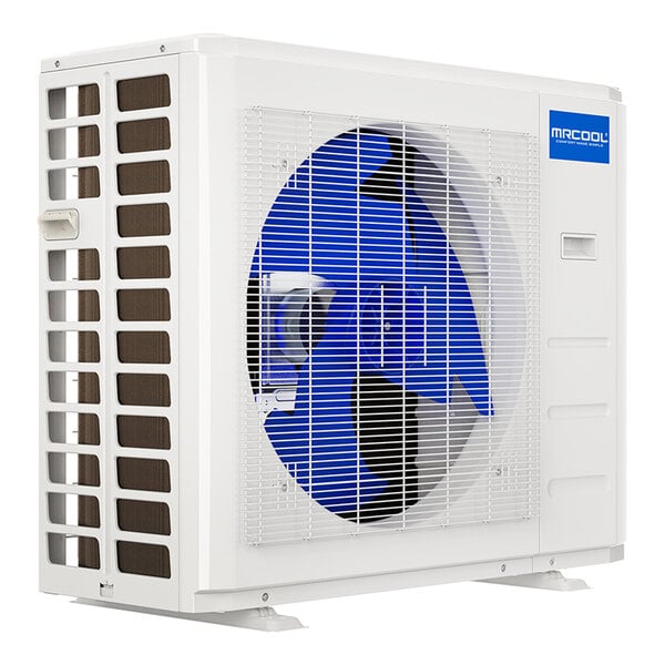 A white and blue MRCOOL ductless mini-split condenser with a blue fan.