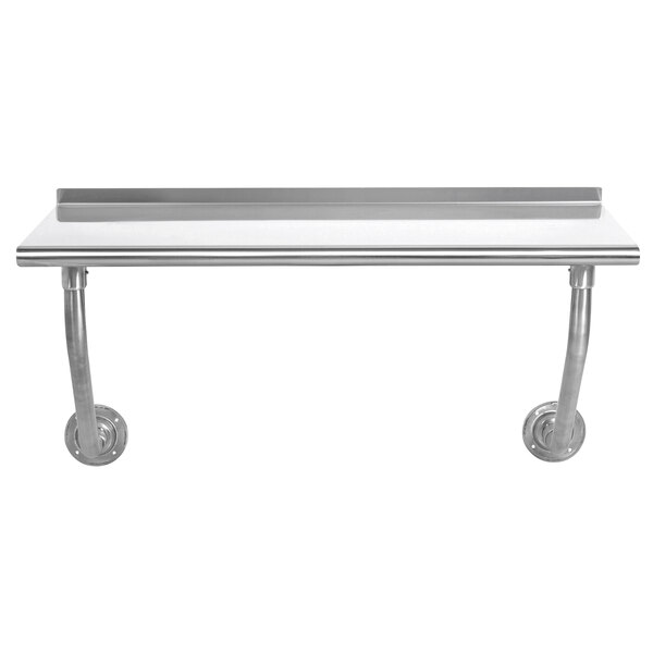 A stainless steel wall mounted table with wheels.