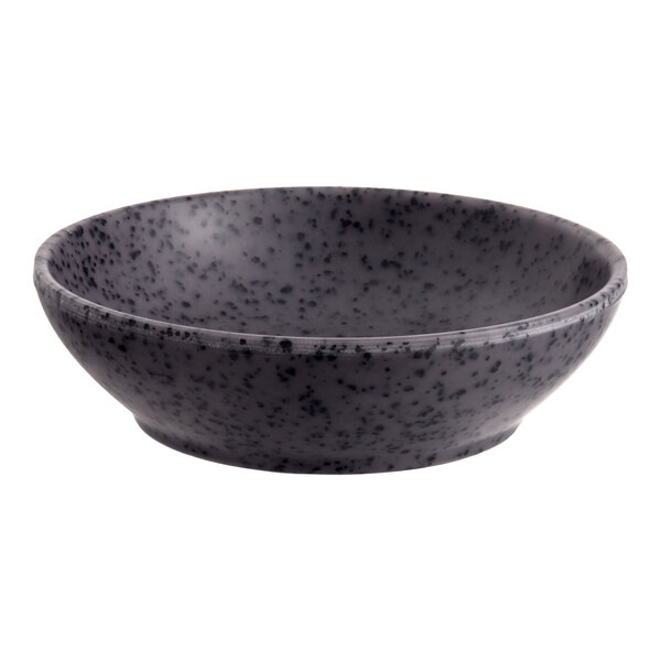 A small, round, dark gray melamine ramekin with a speckled pattern.