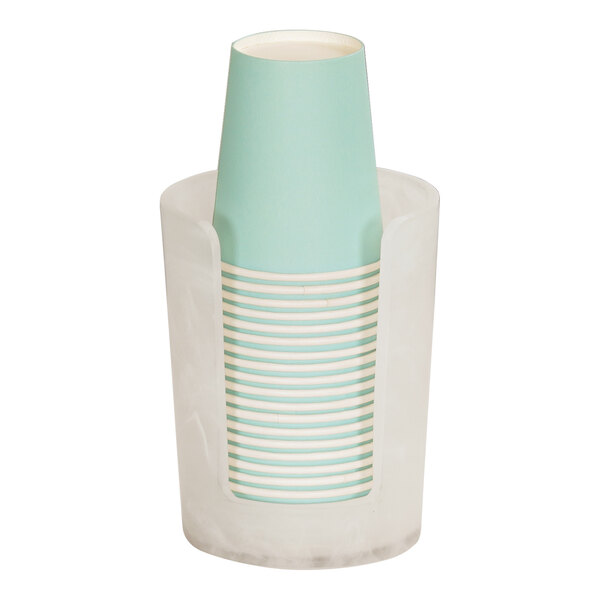 A Cal-Mil white countertop cup and lid organizer with a white and blue striped cup in a holder.