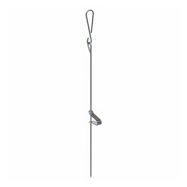 A Wood Stone stainless steel skewer with a hook on one end.