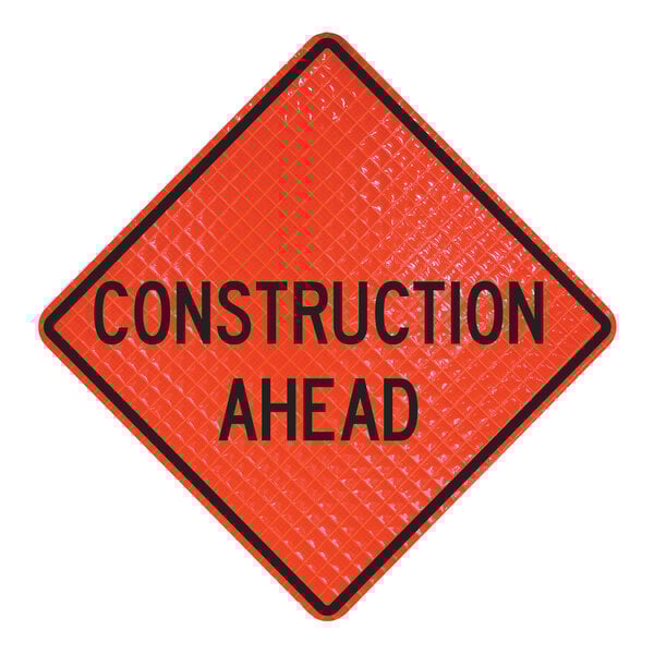 A close-up of a Cortina Quadraflex "Construction Ahead" sign.