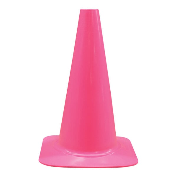A pink 18-inch sport cone with a square base.