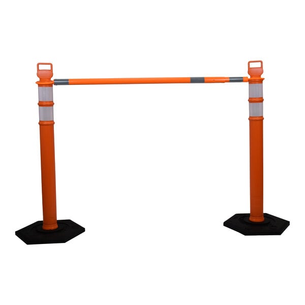 A set of two orange traffic delineator posts connected by a retractable orange and gray cone bar.