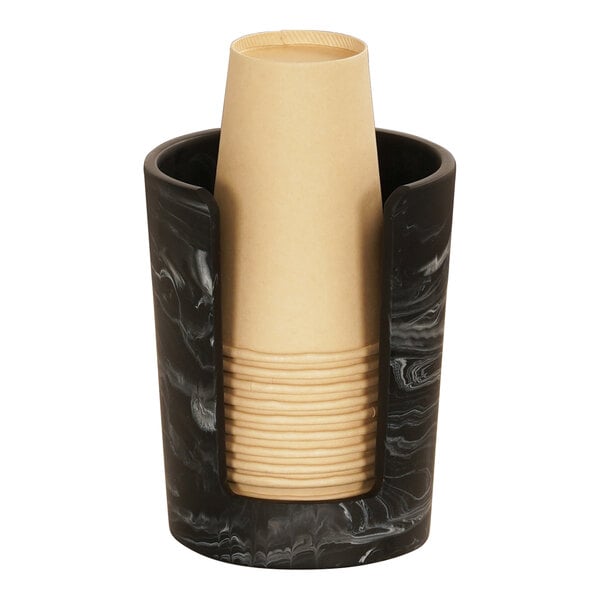 A Cal-Mil black swirl cup holder with paper cups inside.