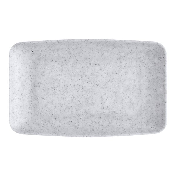 A light gray rectangular melamine platter with a speckled pattern.
