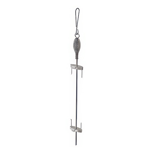 A stainless steel Churrasco skewer with a hook on the end.
