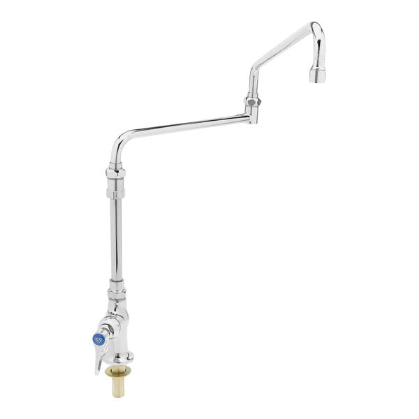 A close-up of a chrome T&S deck-mount pantry faucet with a handle and double joint nozzle.