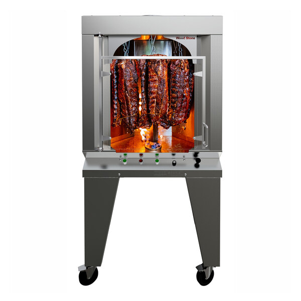 A Wood Stone Natural Gas Vertical Rotisserie Oven with meat on 6 spits.