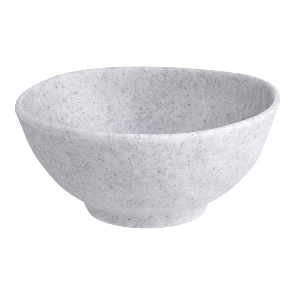 A light gray round melamine bowl with a speckled pattern.