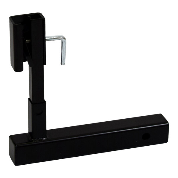 A black metal hitch mount stand with an adjustable clamp and a horizontal base, designed for use with roll-up signs.