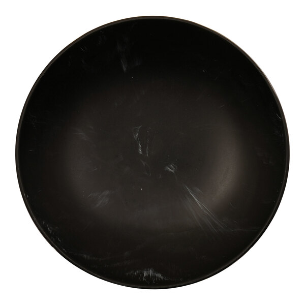 A black Cal-Mil round coupe bowl with a swirl pattern.