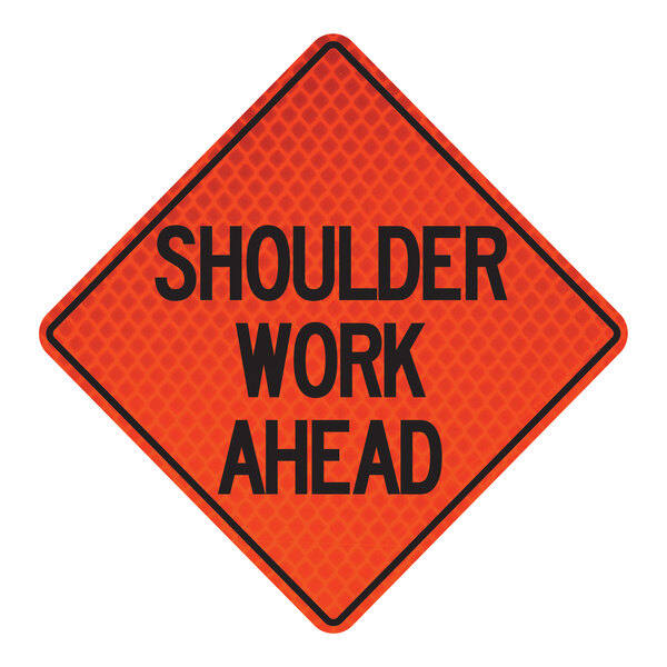 A white, red, and black Cortina Quadraflex roll-up sign that says "Shoulder Work Ahead"