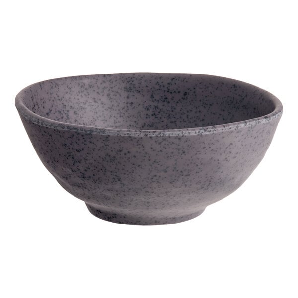 A dark gray round melamine bowl with a speckled pattern.
