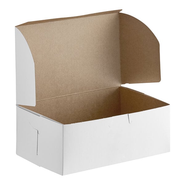 A white bakery box with an open lid, measuring 8 inches by 5 inches by 3 inches.