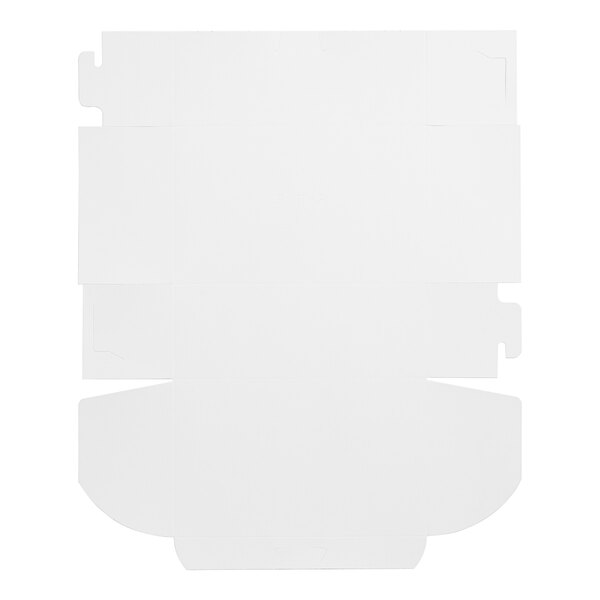 A flat, unfolded white bakery box made of cardboard.