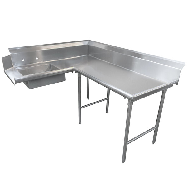 An Advance Tabco stainless steel L-shape dishtable with a counter and sink.