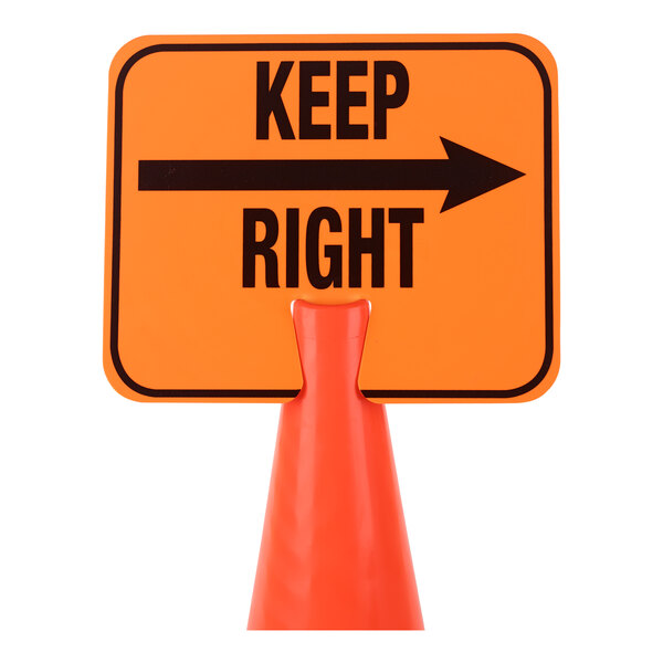 An orange and black single-sided cone sign with the words 'KEEP RIGHT' and a right-pointing arrow.