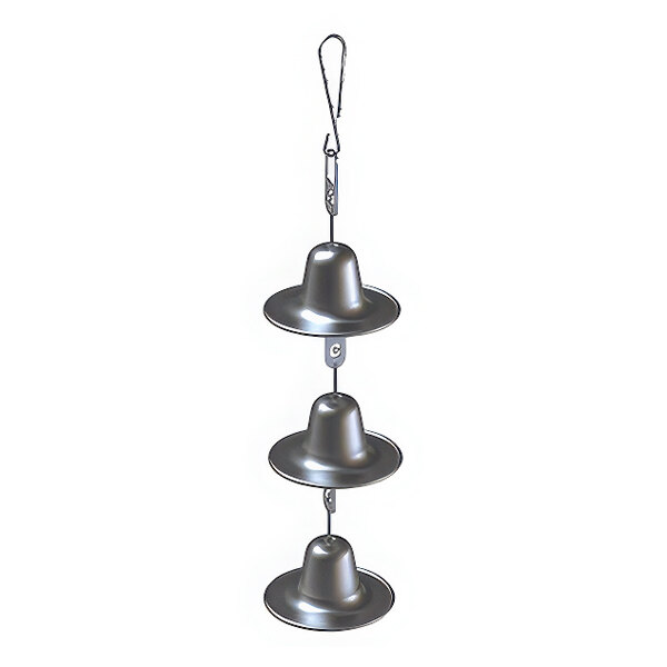 A close-up of a stainless steel Wood Stone Chicken Bell Choir hanging.