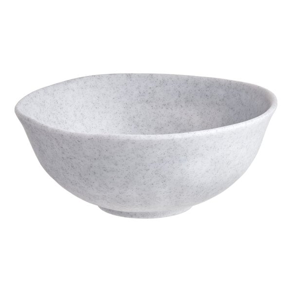 A light gray round melamine bowl with a speckled pattern.