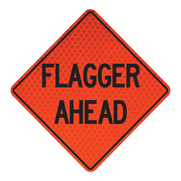 A white and black Cortina Quadraflex sign that says "Flagger Ahead" with a red diamond shape.