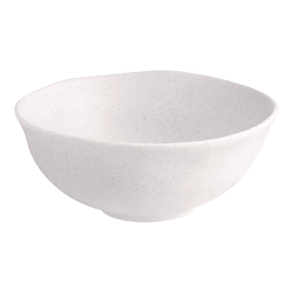A large white round melamine bowl with a subtle speckled pattern.