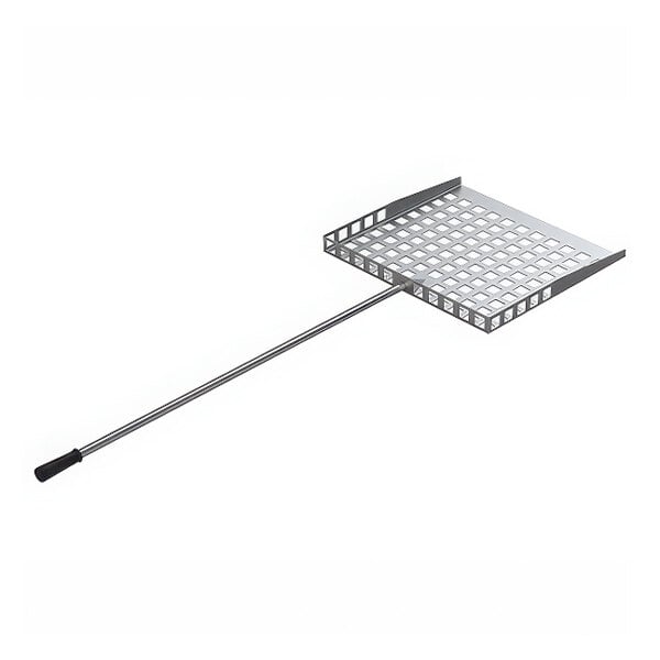 A stainless steel wood stone pita peel with a long handle.