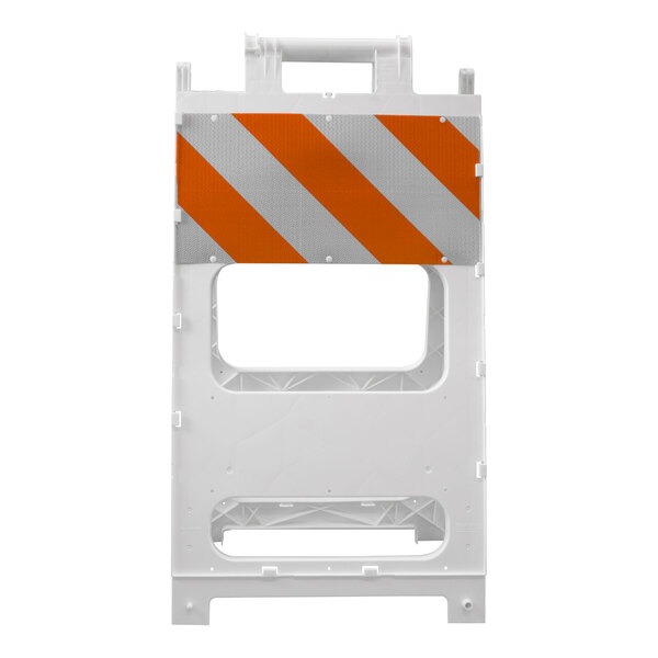 A white plastic barricade with orange and white diagonal reflective stripes near the top.