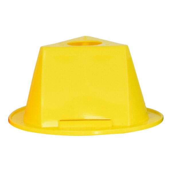 A yellow plastic pallet cone topper with a wide base and a hole at the top.