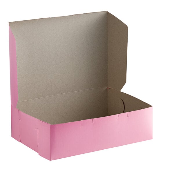 A pink Baker's Lane quarter sheet cake box with the lid open.
