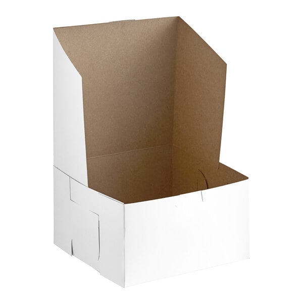 A white cardboard bakery box with an open lid, measuring 7 by 7 by 4 inches.