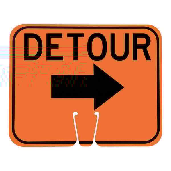 An orange and black single-sided 'Detour' cone sign with a right arrow.