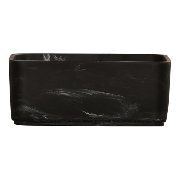 A black rectangular bowl with a white marble swirl pattern.