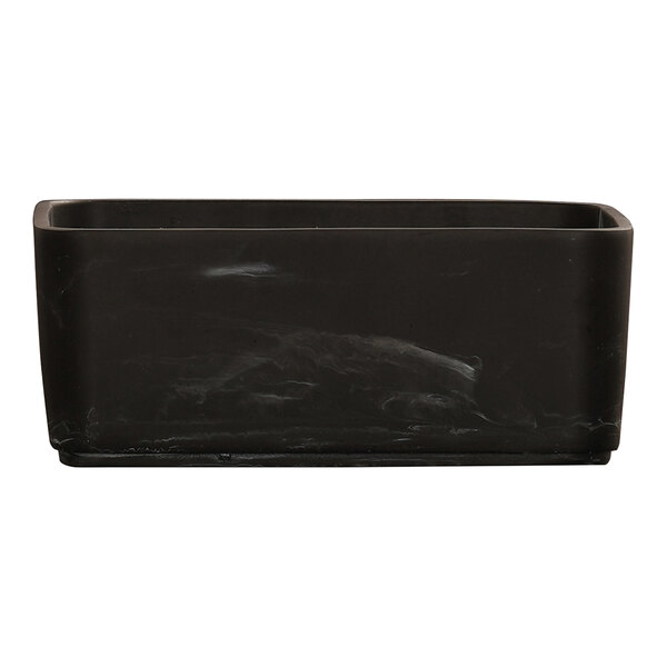 A black rectangular resin bowl with swirl lines on the sides.