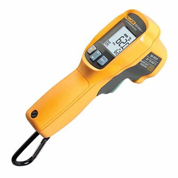 A Wood Stone handheld digital infrared thermometer with a yellow and black design and screen.