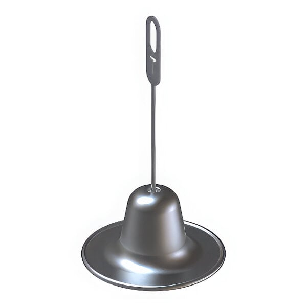 A silver metal bell with a handle.